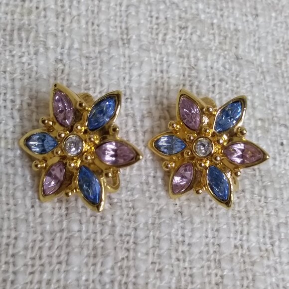 None Jewelry - Vintage Gold Crystal Flower Clip On Earrings Purple Blue
